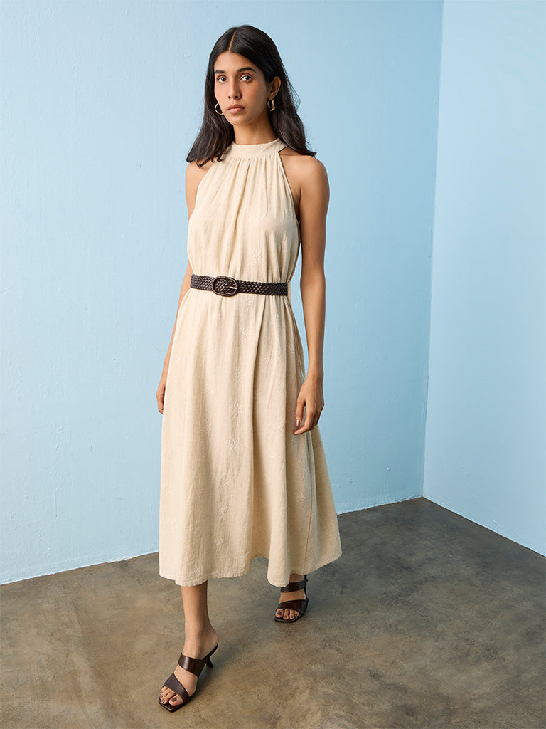LOV Light Beige Botanical Embroidered A-Line Dress