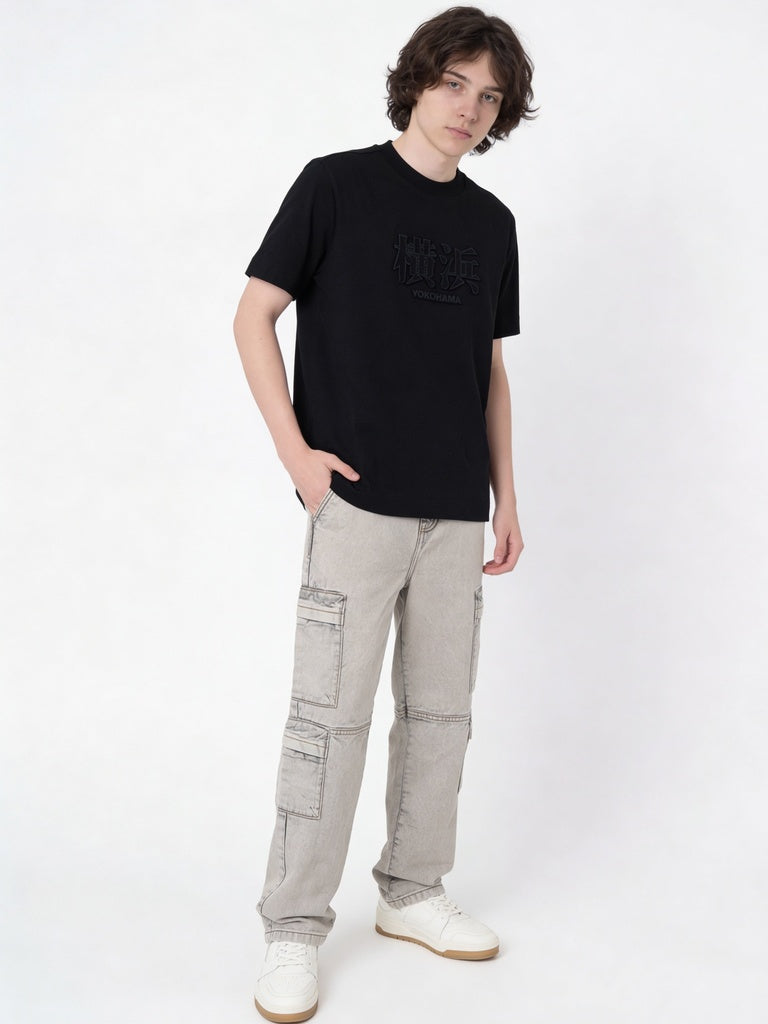 Y&F Kids Boys Black Embossed Cotton T-Shirt
