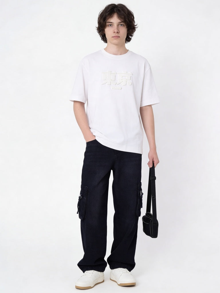 Y&F Kids Boys Off-White Embossed Cotton T-Shirt