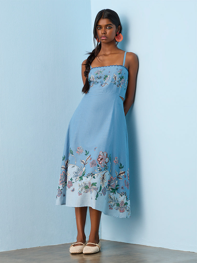 bombay paisley blue dress Buy Bombay Paisley Light Blue Embroidered Cotton A-Line Dress from Westside