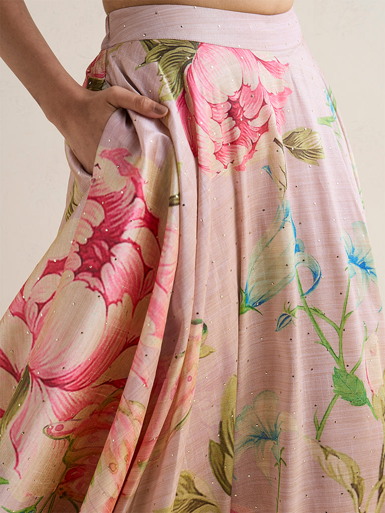 Vark Dusty Pink Foliage Printed Maxi Skirt