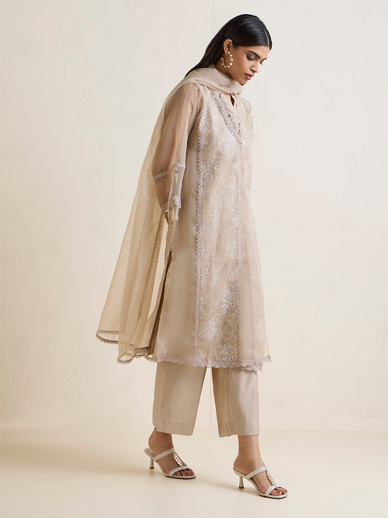 Vark Beige A-Line Floral Pattern A-Line Ethnic Set