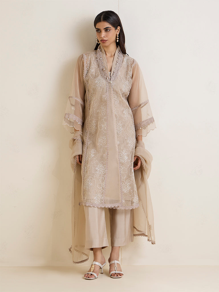 Vark Beige A-Line Floral Pattern A-Line Ethnic Set