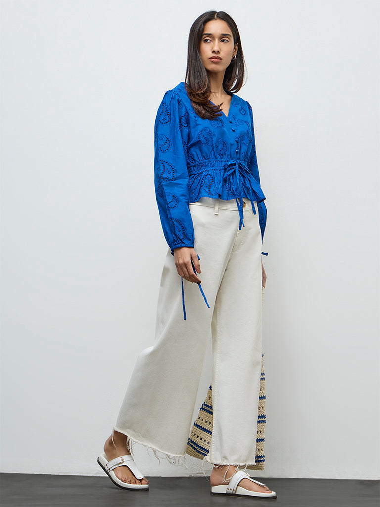 LOV Blue Paisley Embroidered Cotton Top