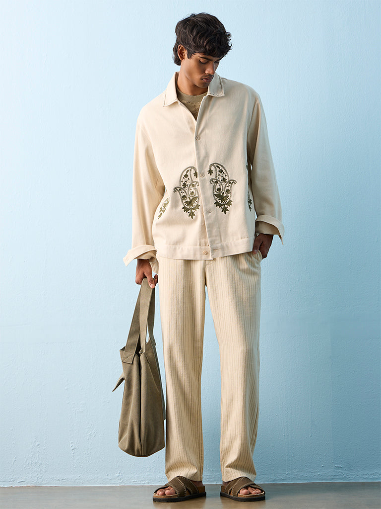 ETA Light Beige Paisley Embroidered Relaxed-Fit Cotton Shirt
