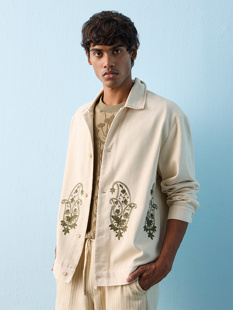 ETA Light Beige Paisley Embroidered Relaxed-Fit Cotton Shirt