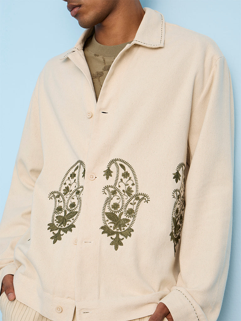 ETA Light Beige Paisley Embroidered Relaxed-Fit Cotton Shirt
