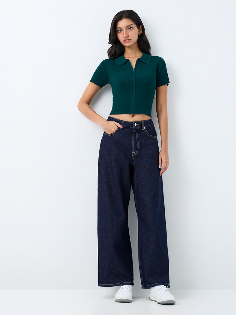 Nuon Dark-Blue-Wash High-Waist Straight Fit Jeans