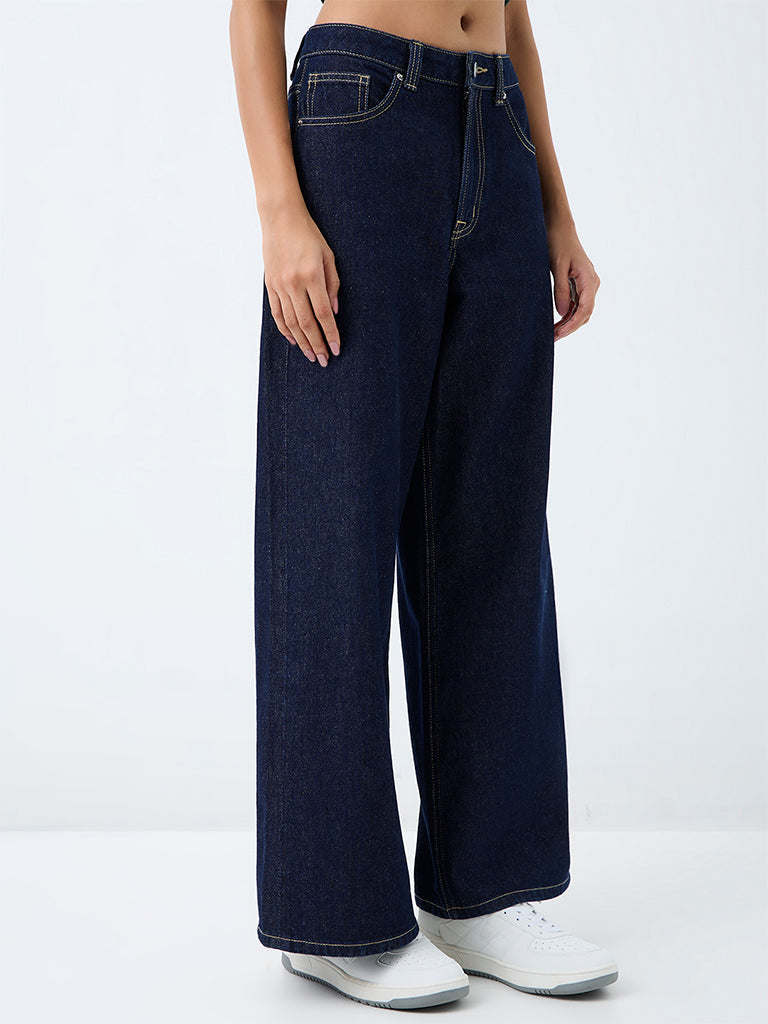 Nuon Dark-Blue-Wash High-Waist Straight Fit Jeans