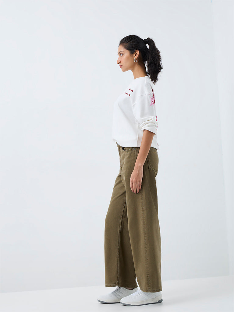 Nuon Olive-Wash High-Waist Wide Leg Fit Jeans