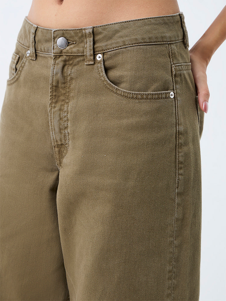 Nuon Olive-Wash High-Waist Wide Leg Fit Jeans