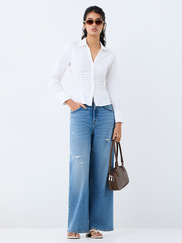 Nuon Blue Distressed Wide-Leg High-Rise Jeans