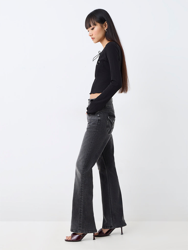 Nuon Dark Grey Wash High-Waist Flared Jeans