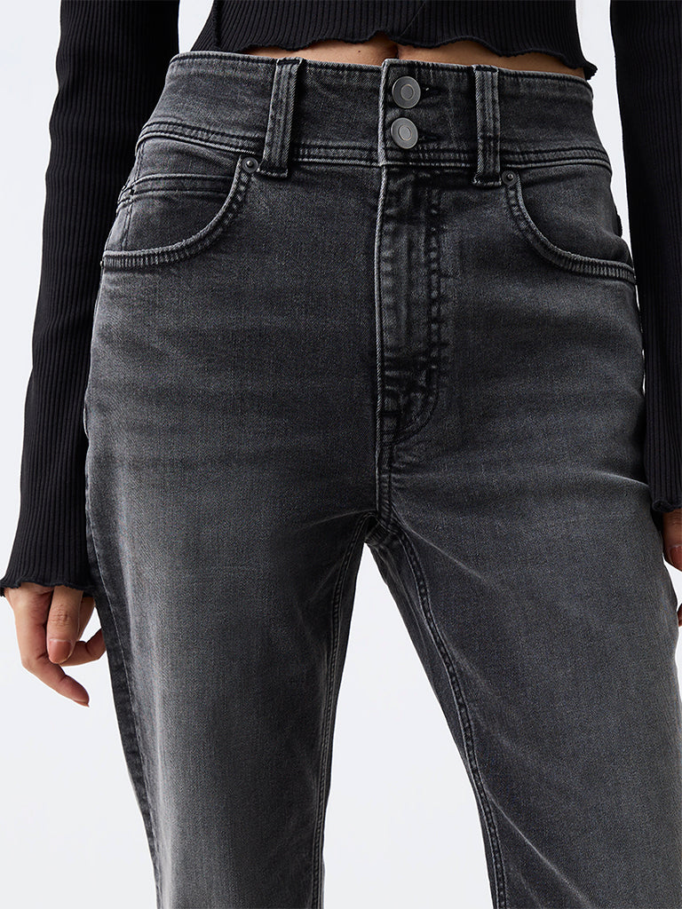Nuon Dark Grey Wash High-Waist Flared Jeans