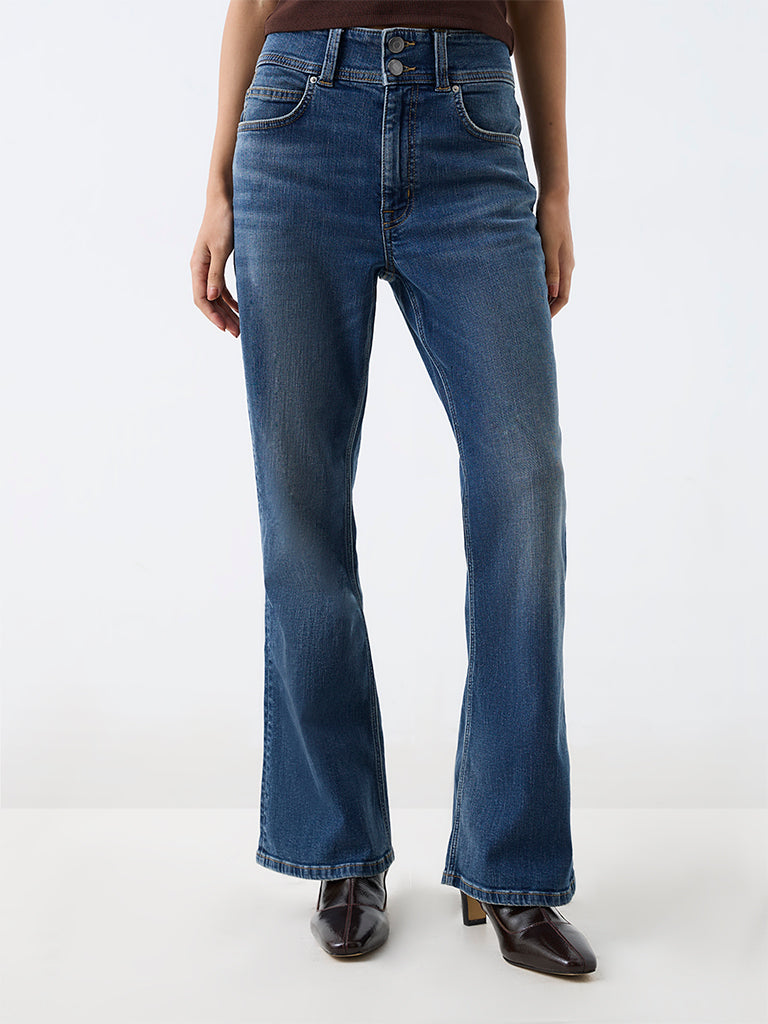 Nuon Dark Blue Wash High-Waist Flared Jeans