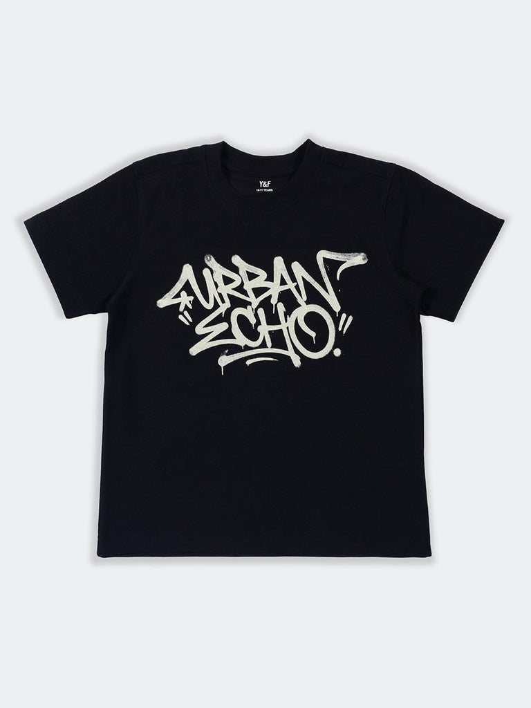 Boys Black Spray Printed Cotton T-Shirt
