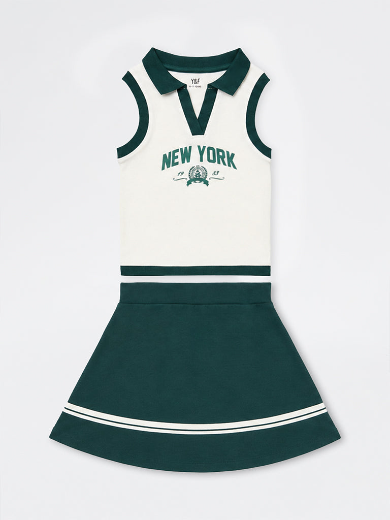 Girls White Text Printed Cotton-Blend T-Shirt and Skirt Set