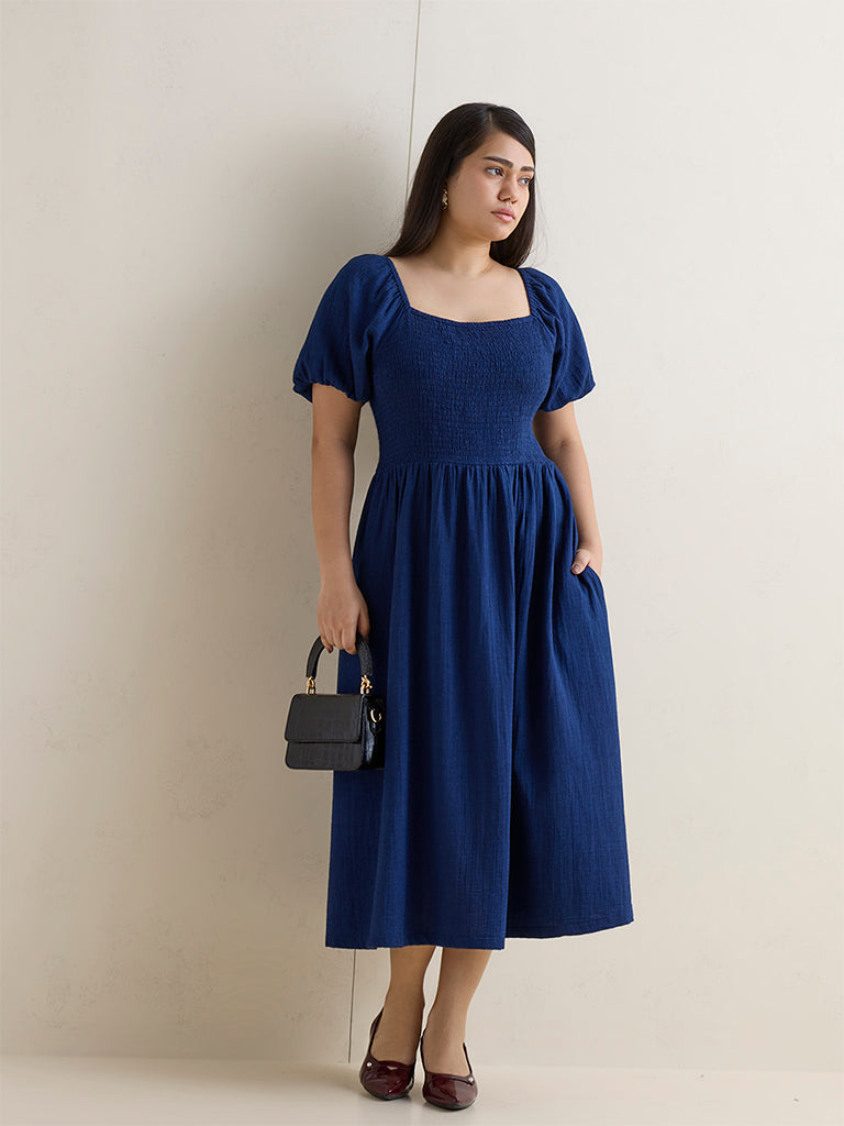 Gia Dark Blue Smocked Cotton A-Line Dress