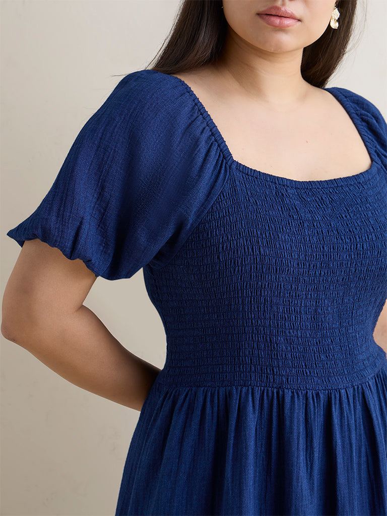 Gia Dark Blue Smocked Cotton A-Line Dress