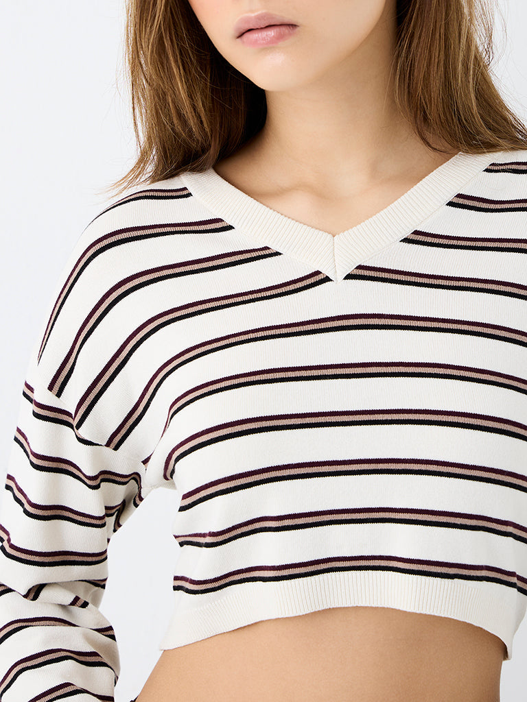 Nuon Off-White Striped Knit-Textured T-Shirt