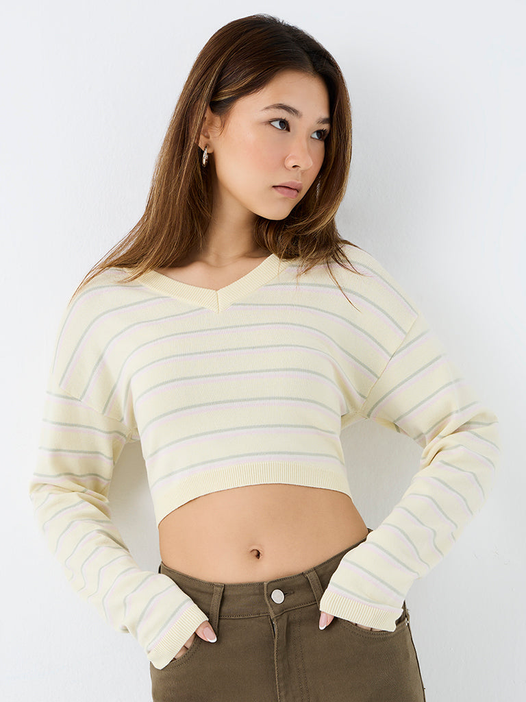 Nuon Yellow Striped Knit-Textured T-Shirt