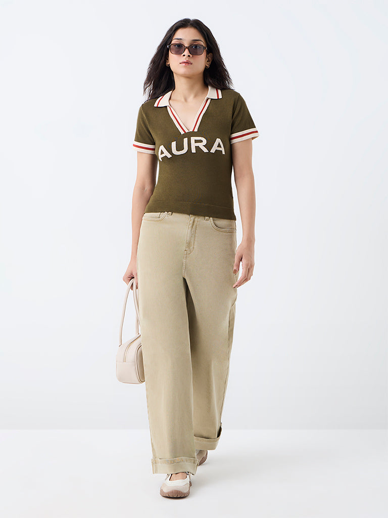 Nuon Dark Olive Typographic Knitted T-Shirt
