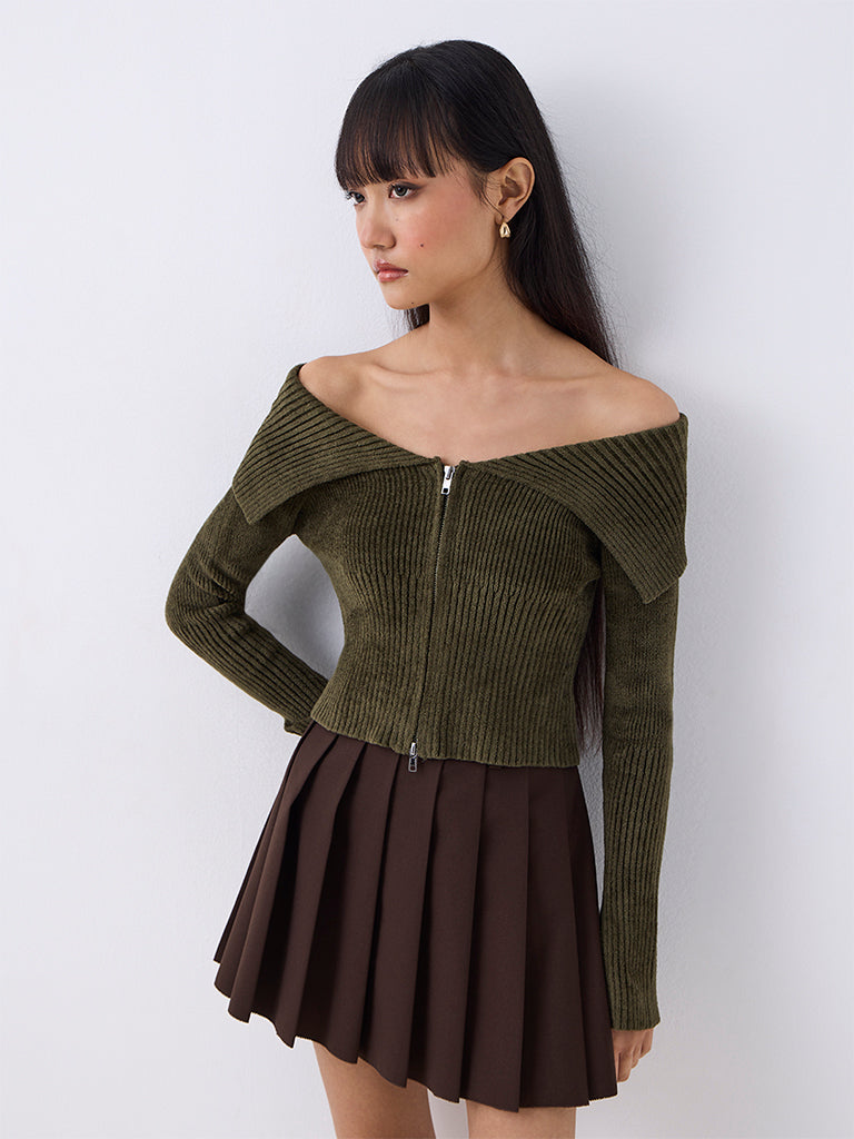 Nuon Dark Olive Ribbed-Knit Off-Shoulder Top