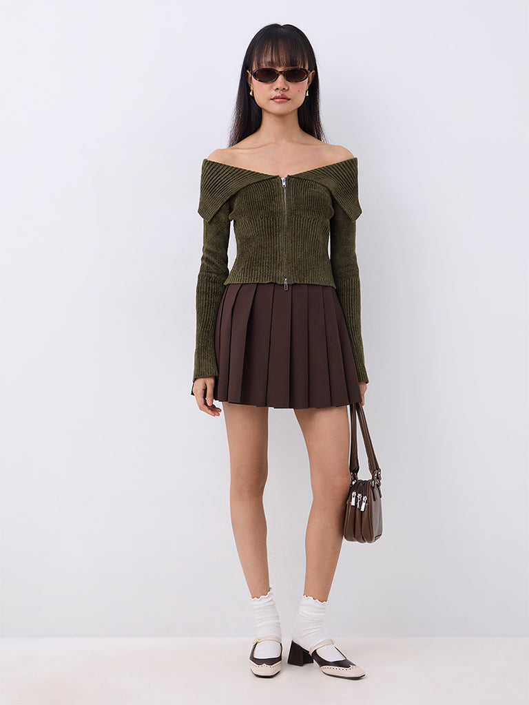 Nuon Dark Olive Ribbed-Knit Off-Shoulder Top