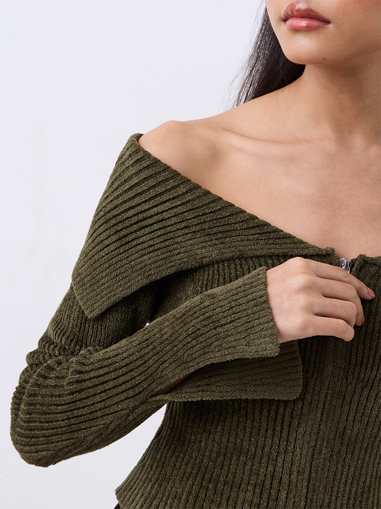 Nuon Dark Olive Ribbed-Knit Off-Shoulder Top