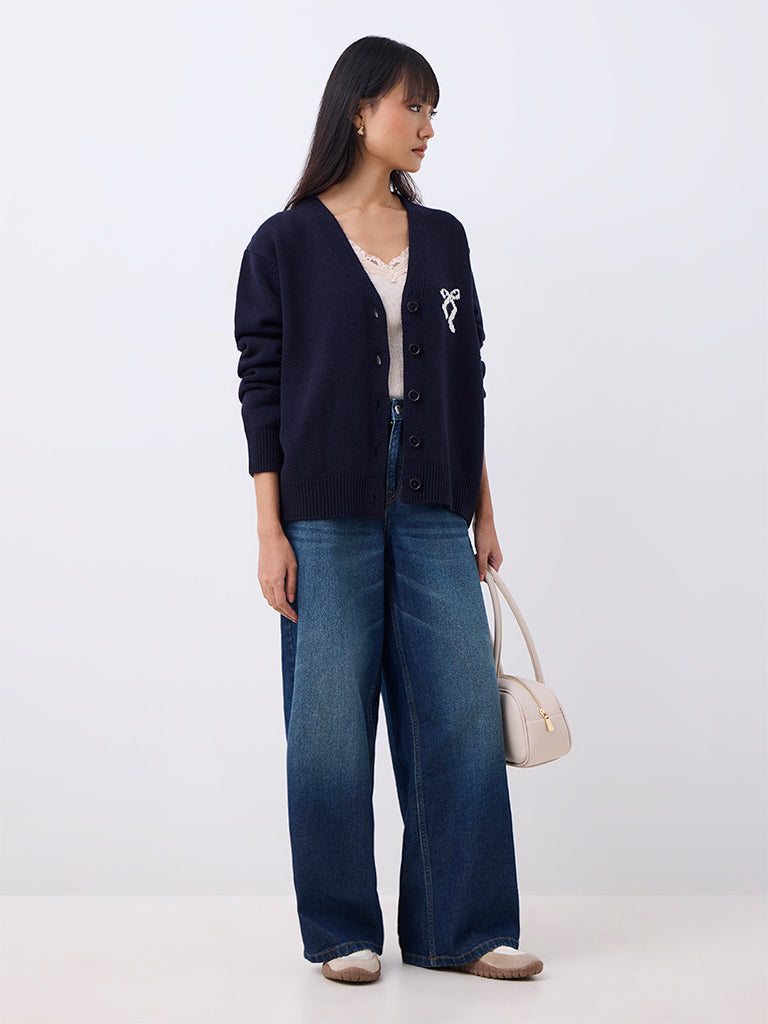 Nuon Navy Bow Design Knitted Cardigan