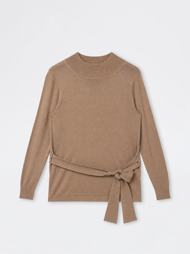 Gia Brown Solid Sweater with Tie-Up Detail