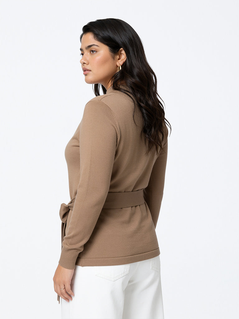 Gia Brown Solid Sweater with Tie-Up Detail