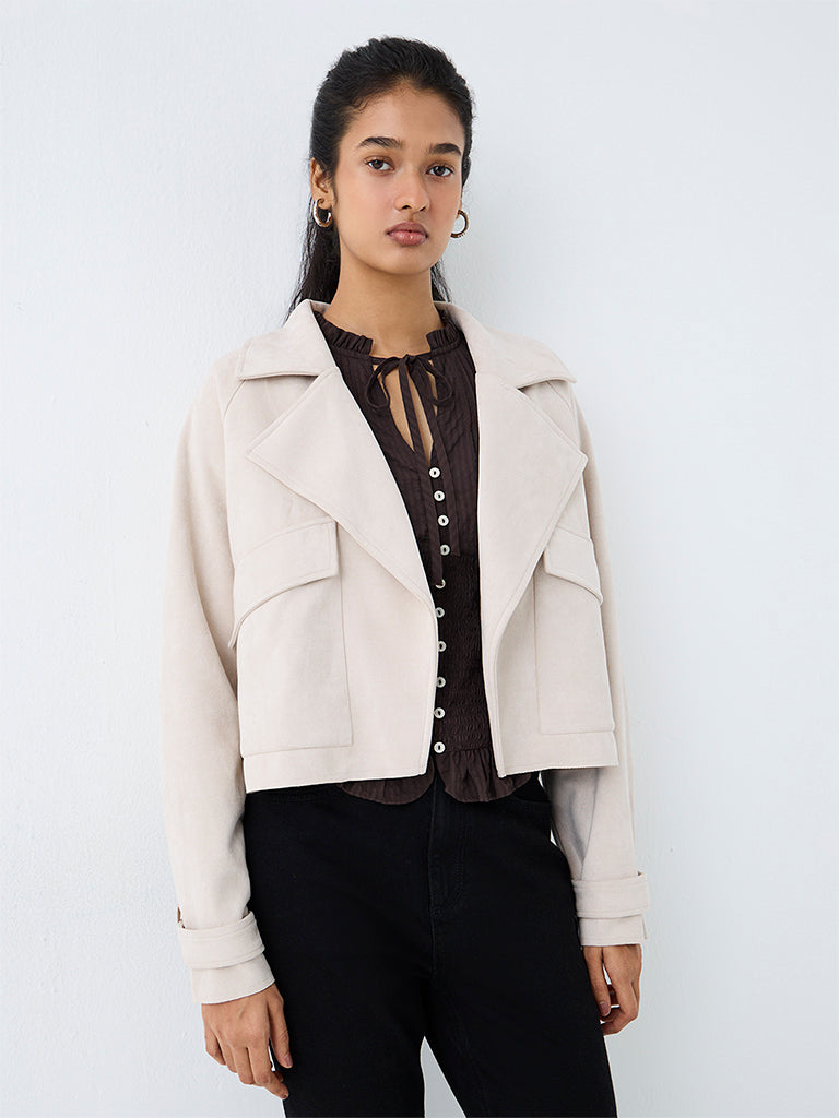 LOV Light Beige Solid Suede Jacket
