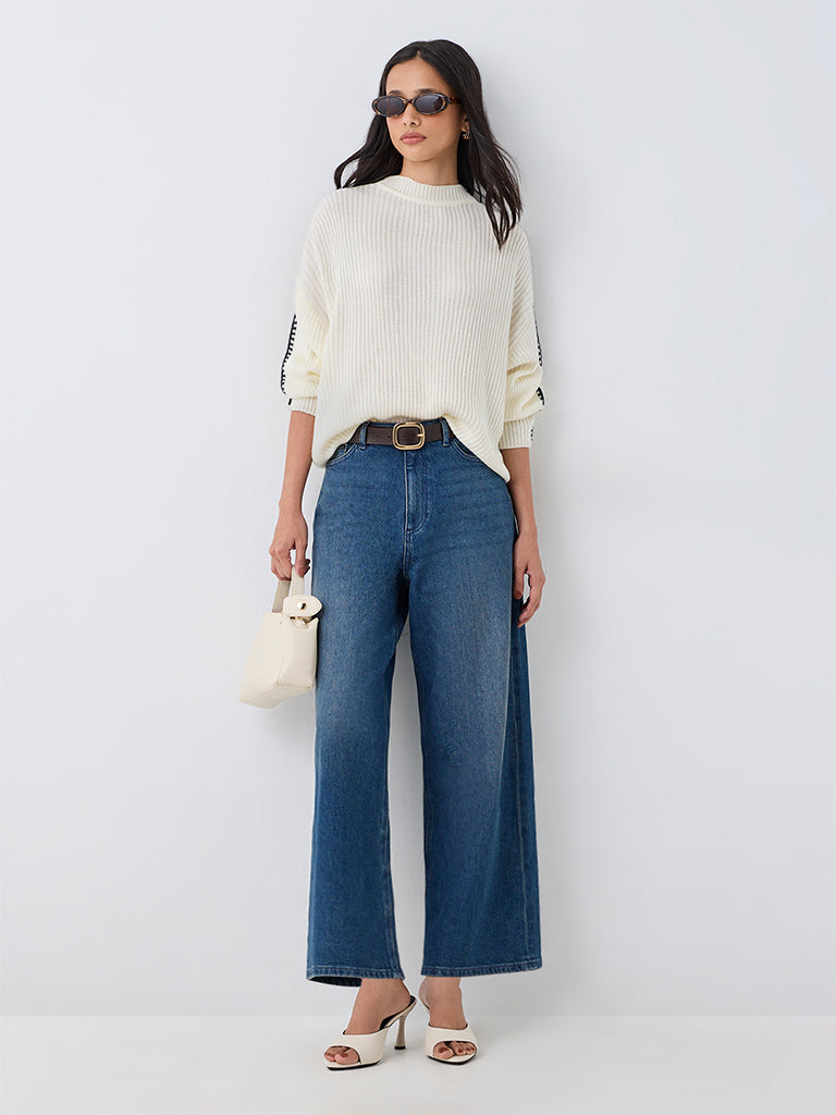 LOV Off-White Contrast-Detail Ribbed-Knit Sweater
