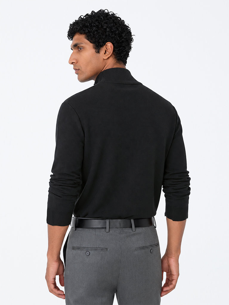 WES Formals Black Knit-Textured Quarter-Zip Slim-Fit Sweater
