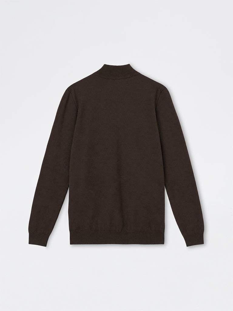 WES Formals Dark Brown Knit-Textured Quarter-Zip Slim-Fit Sweater