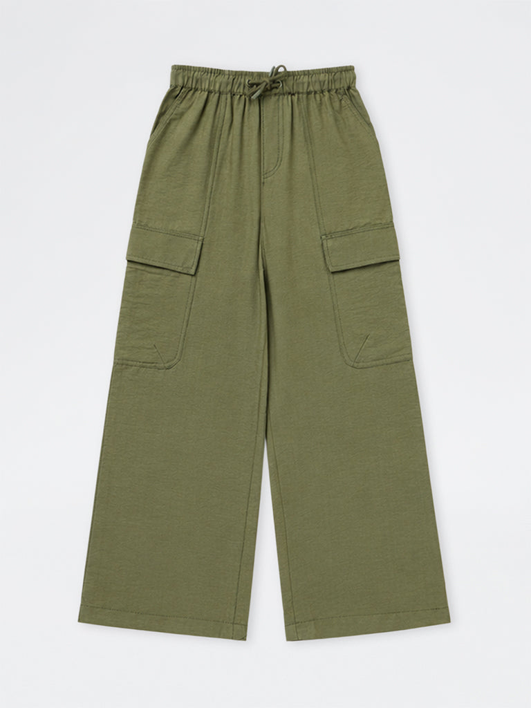 Girls Olive Textured High-Rise Trousers