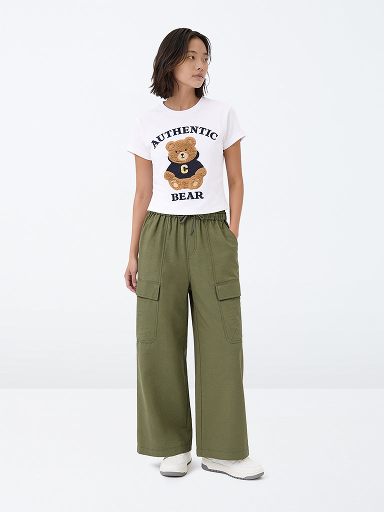 Girls Olive Textured High-Rise Trousers