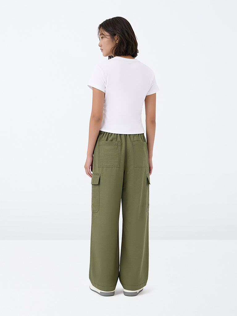 Girls Olive Textured High-Rise Trousers