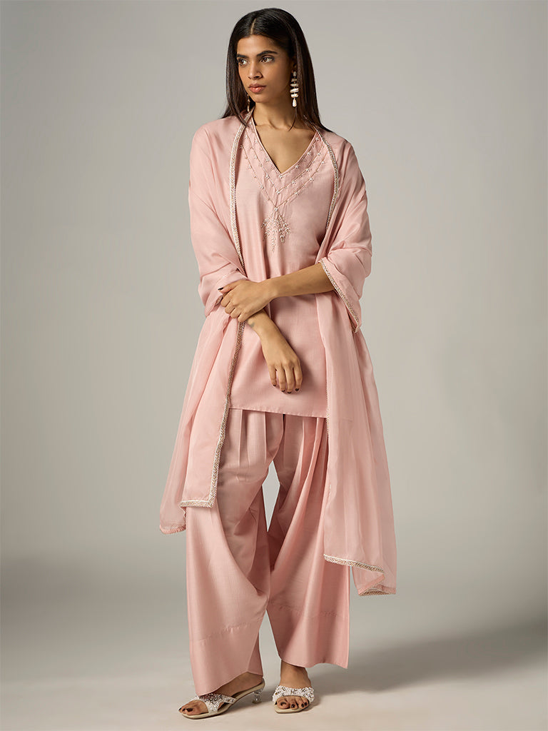 Vark Light Pink Botanical Embroidered Straight Ethnic Set