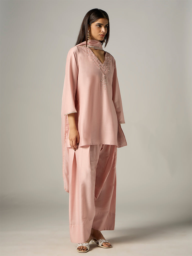 Vark Light Pink Botanical Embroidered Straight Ethnic Set