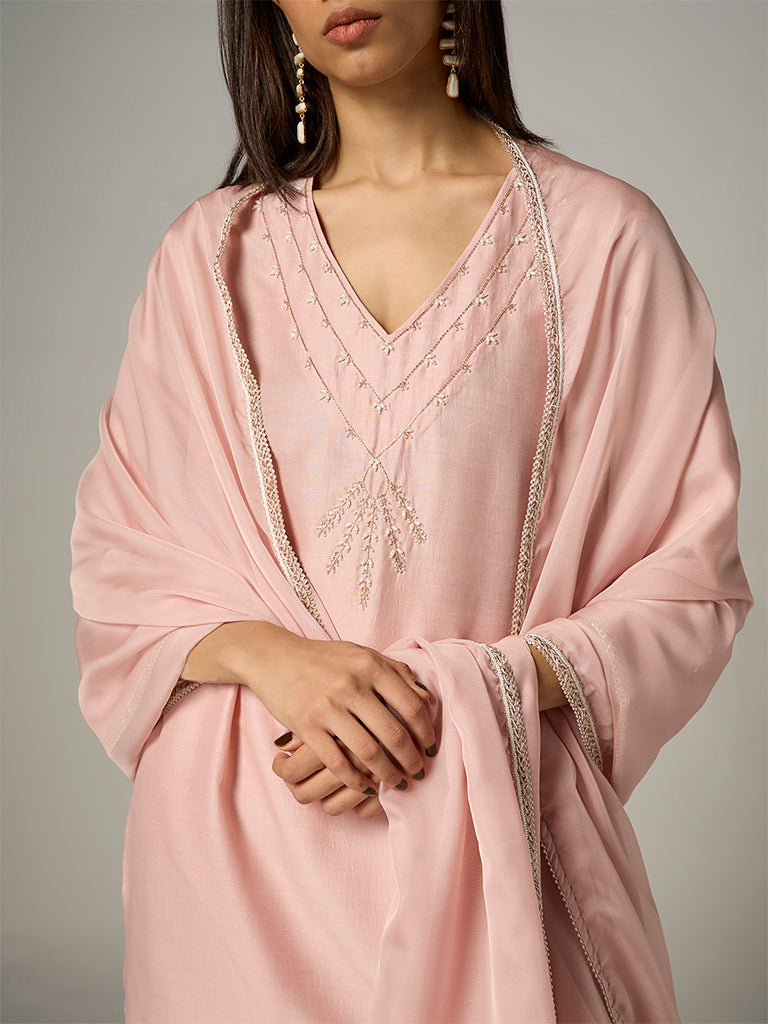 Vark Light Pink Botanical Embroidered Straight Ethnic Set