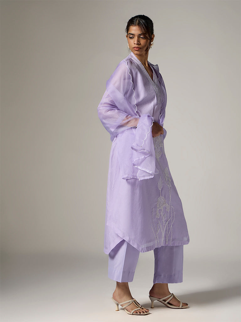 Vark Lilac Floral Embroidered A-Line Ethnic Set