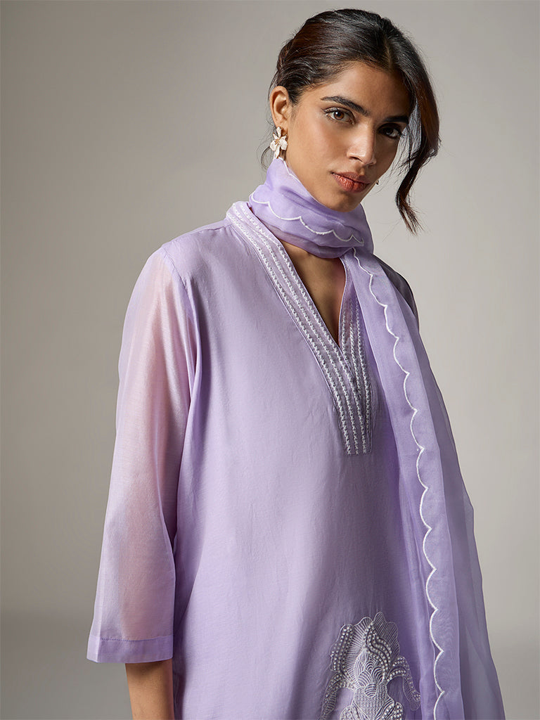 Vark Lilac Floral Embroidered A-Line Ethnic Set