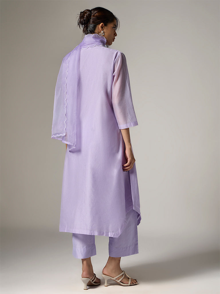 Vark Lilac Floral Embroidered A-Line Ethnic Set