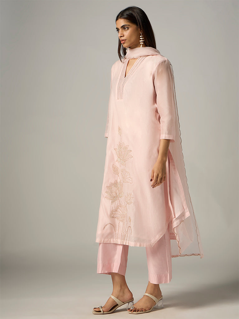 Vark Peach Floral Embroidered A-Line Ethnic Set