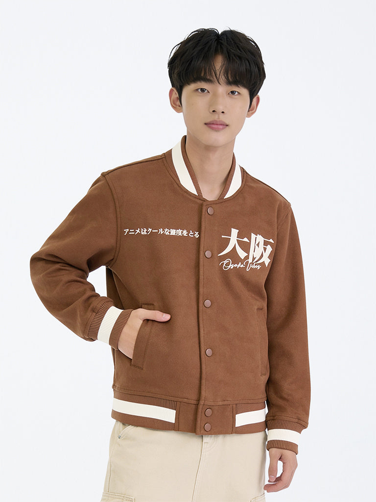 Boys Brown Japanese Embroidered Suede Varsity Jacket