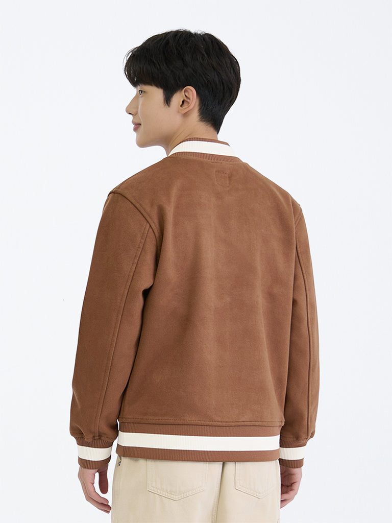 Boys Brown Japanese Embroidered Suede Varsity Jacket