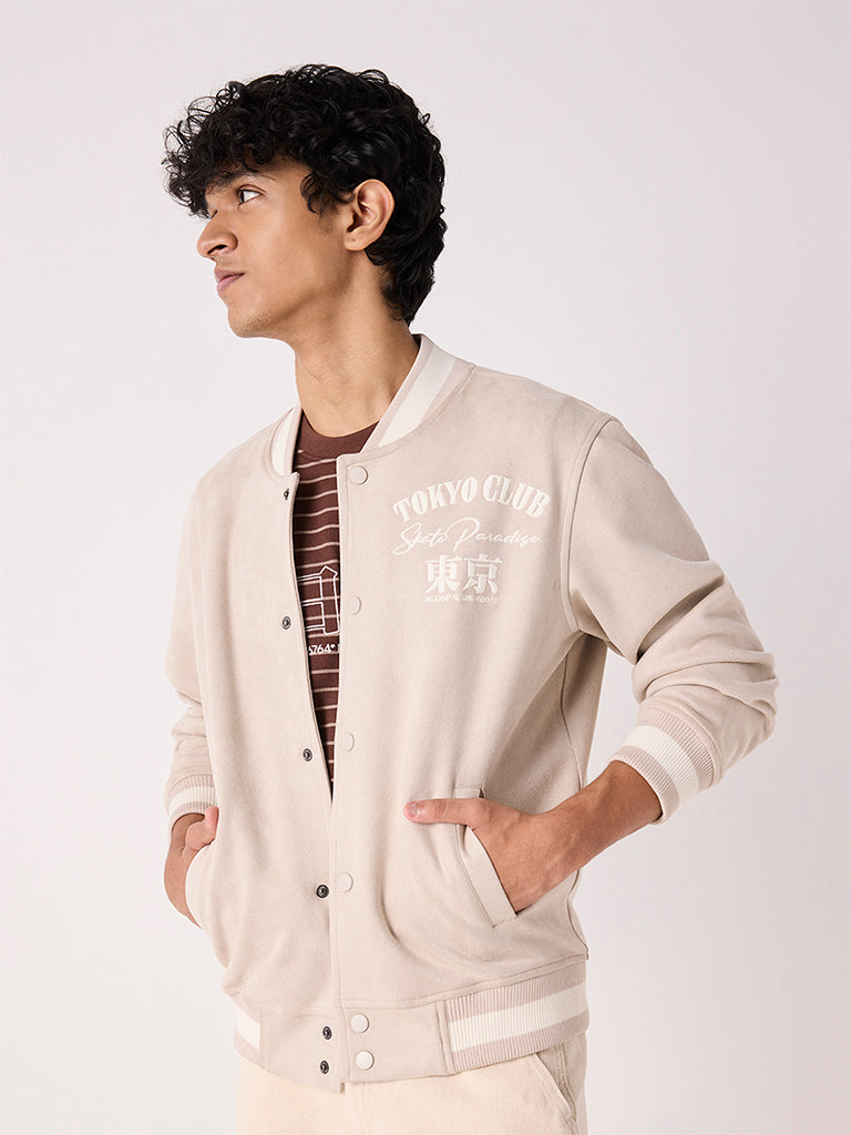 Boys Beige Text Design Varsity Jacket