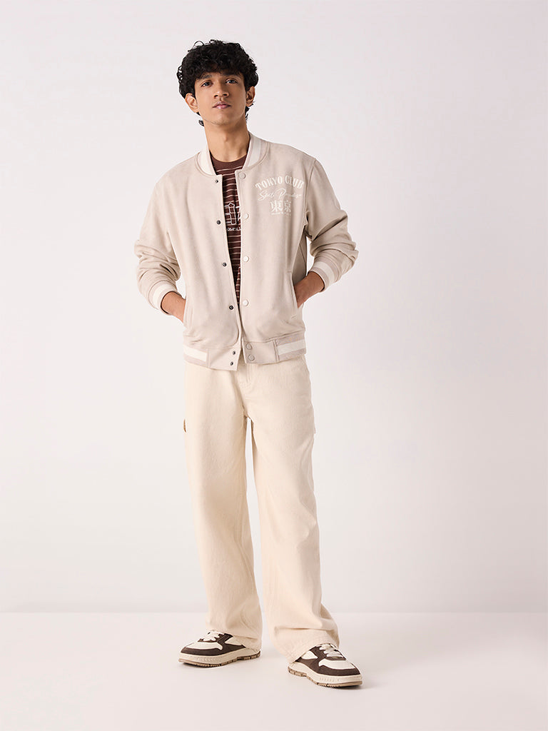 Boys Beige Text Design Varsity Jacket